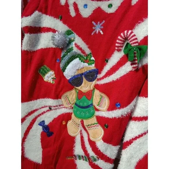 Ugly Christmas Sweater Gingerbread Man by 33 degrees Size Large Sequins Gems - Picture 2 of 9